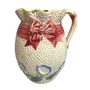 Majolica Pitcher Ribbon Pattern Antique 7.5 Inch Wildflower Ribbon